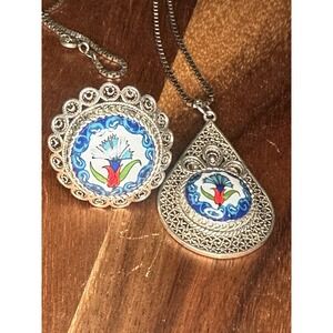 DGS Sterling Silver 925 Filigree Handpainted Ceramic Ring & Pendant Sz 6.5